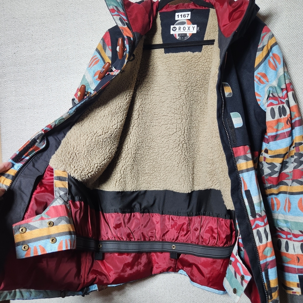 Roxy Size L Long Slim Fit Ski Snowboard 10K Sherpa Inside Blue Red Hooded Jacket - Picture 6 of 15